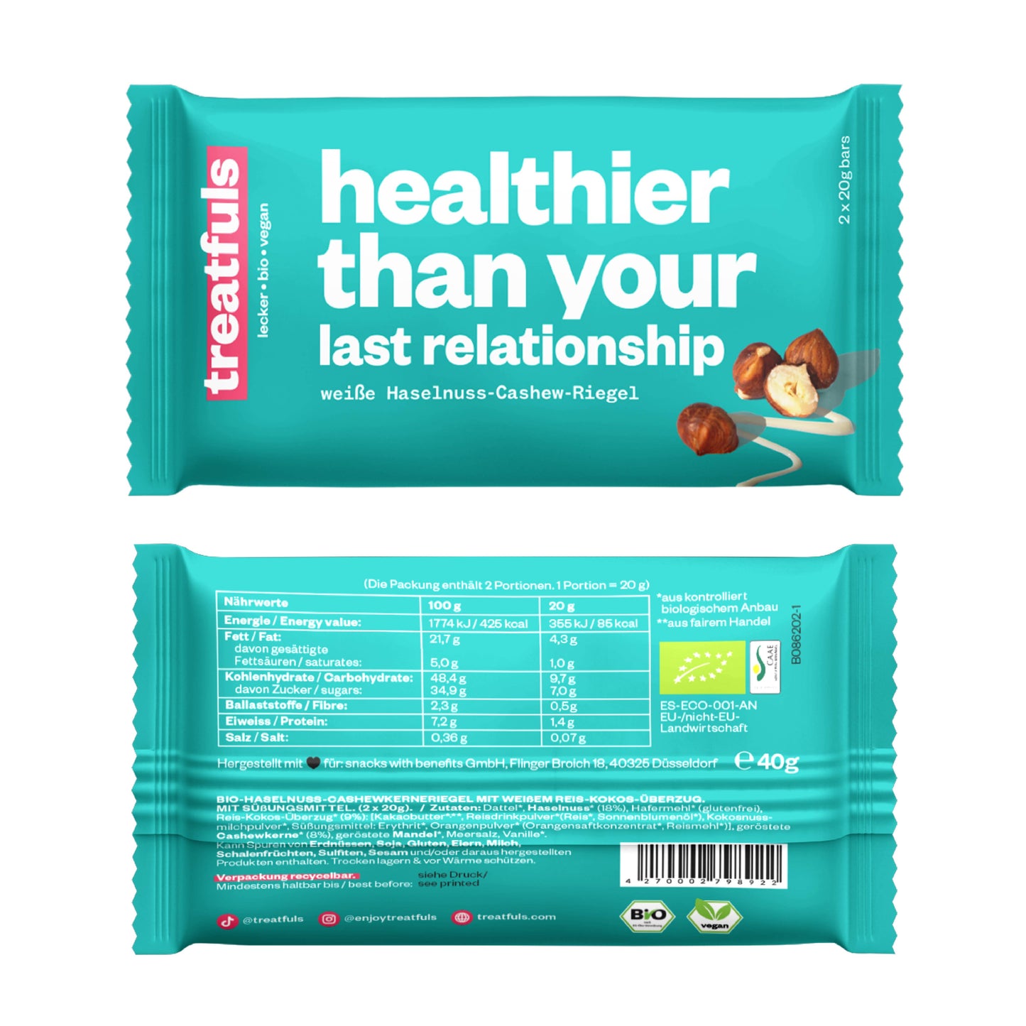 White chocolate crunchy hazelnut bar organic+vegan+gluten-free